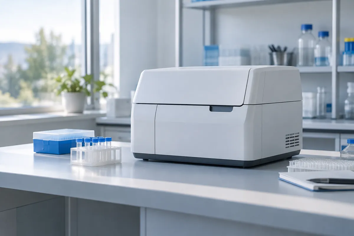 An analytical instrument on a sunlit laboratory bench